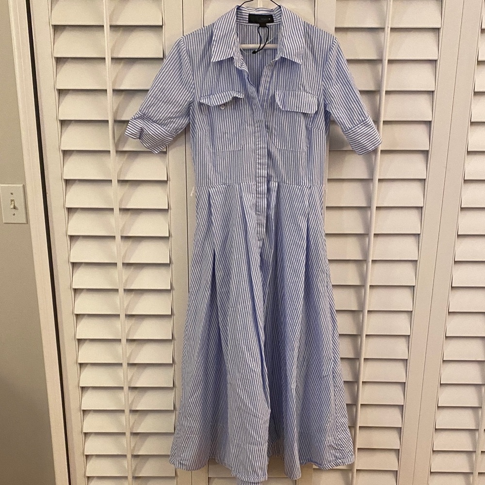 Zara Light Blue & White Striped Midi Shirt Dress